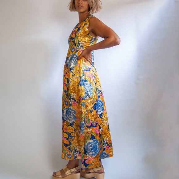 70s metallic floral dress l xl extra large / floral disco dress / formal event d - Picture 5 of 10